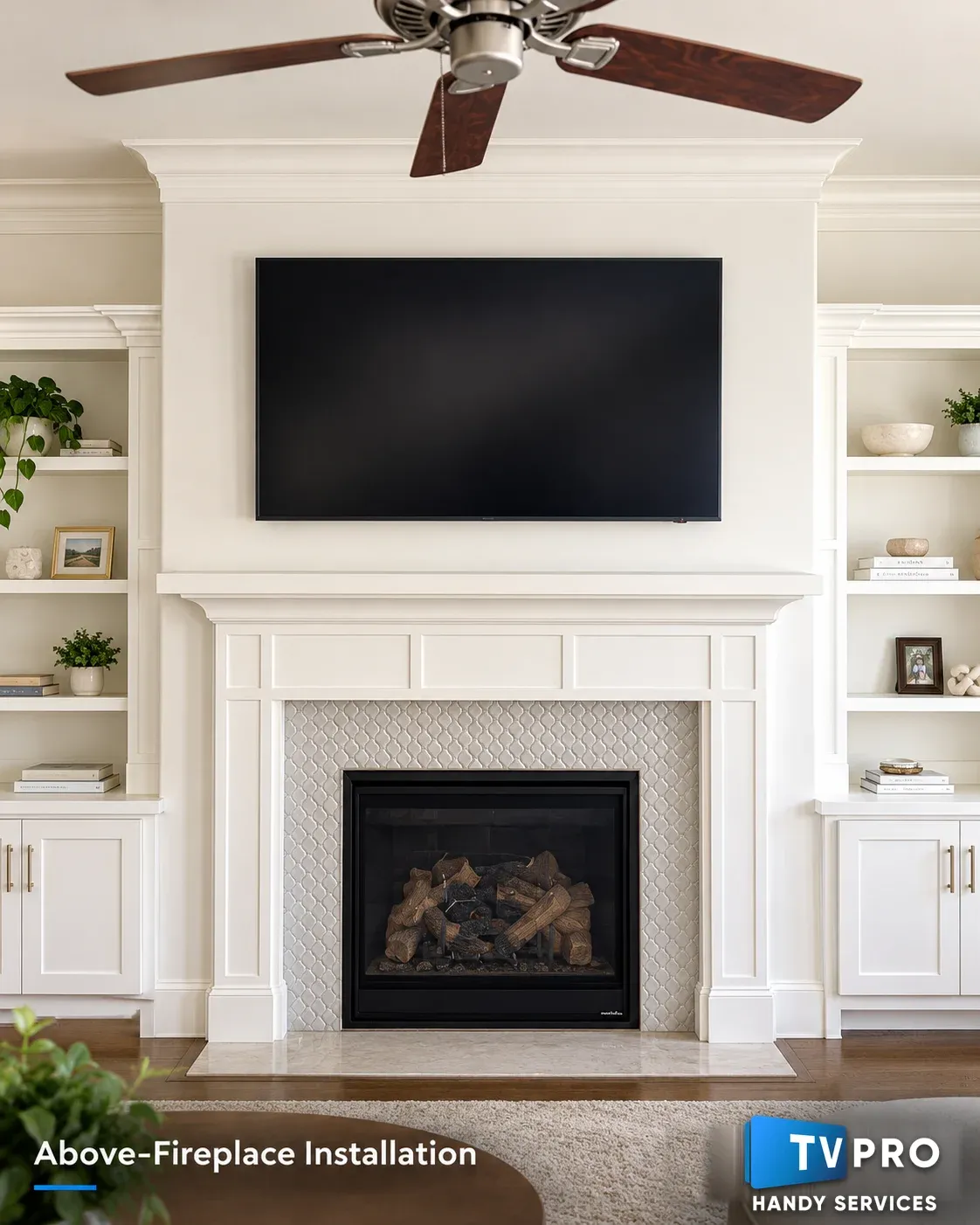 Above-fireplace TV installation and eye-level alignment