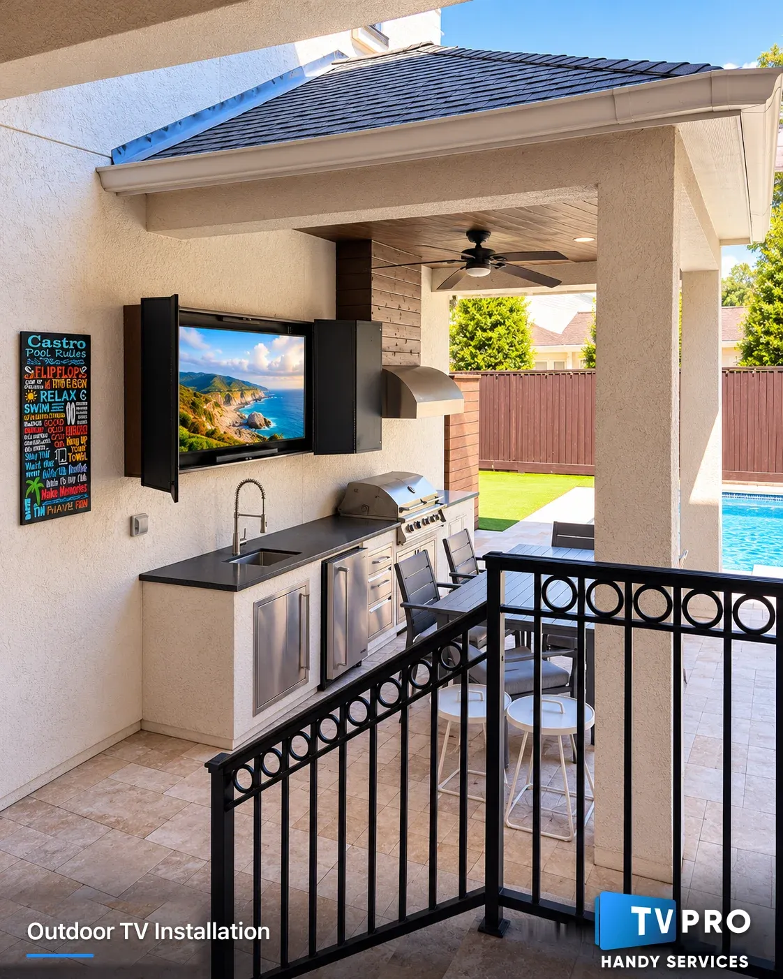 Outdoor patio weather-resistant TV installation