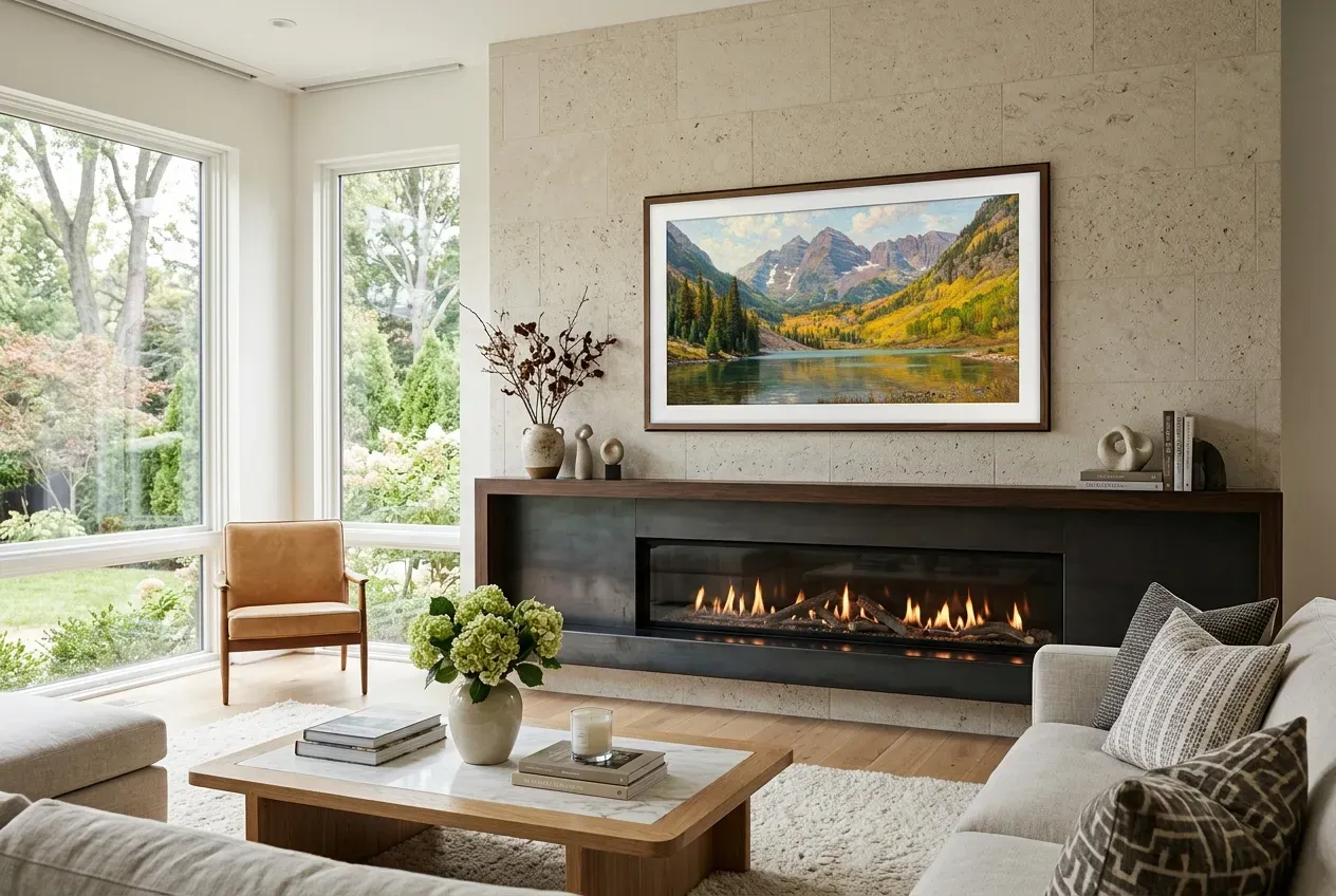 Flush-to-wall Samsung Frame TV mounted above fireplace