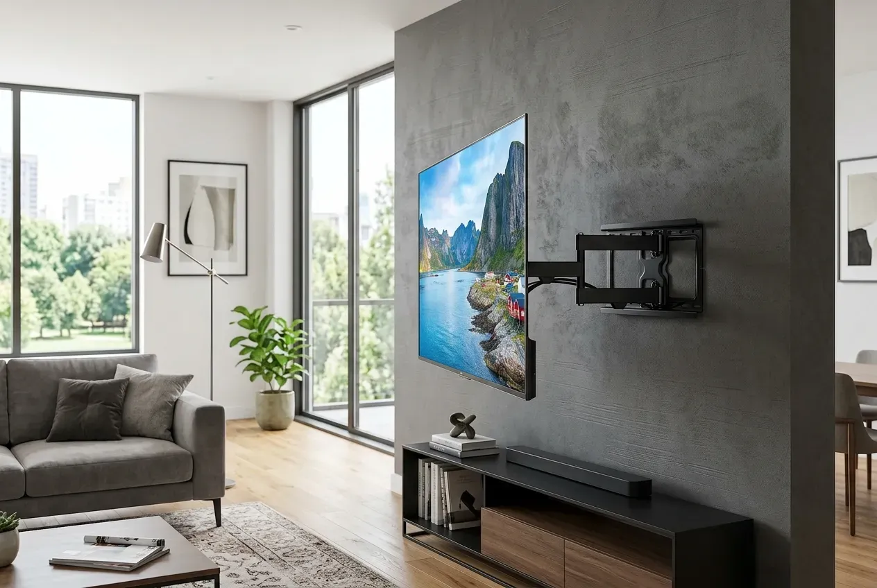 Full-motion articulating TV wall mount extended in living room