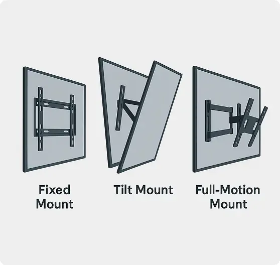 Diagram showing three TV wall mount types: fixed mount, tilt mount angled downward, and full-motion mount extended and swiveled.