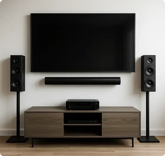 A flat-screen TV is mounted on a wall above a soundbar, with two floor-standing speakers and an audio receiver on a wooden media console below.