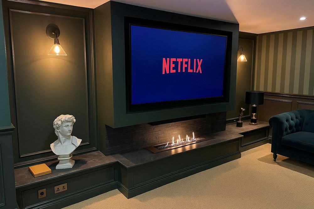 TV mounted on the wall above an electric fireplace