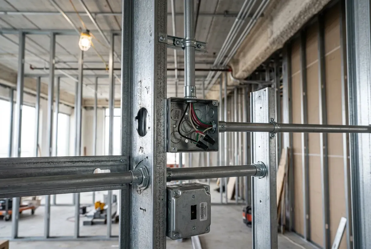 Metal stud wall framing with conduit