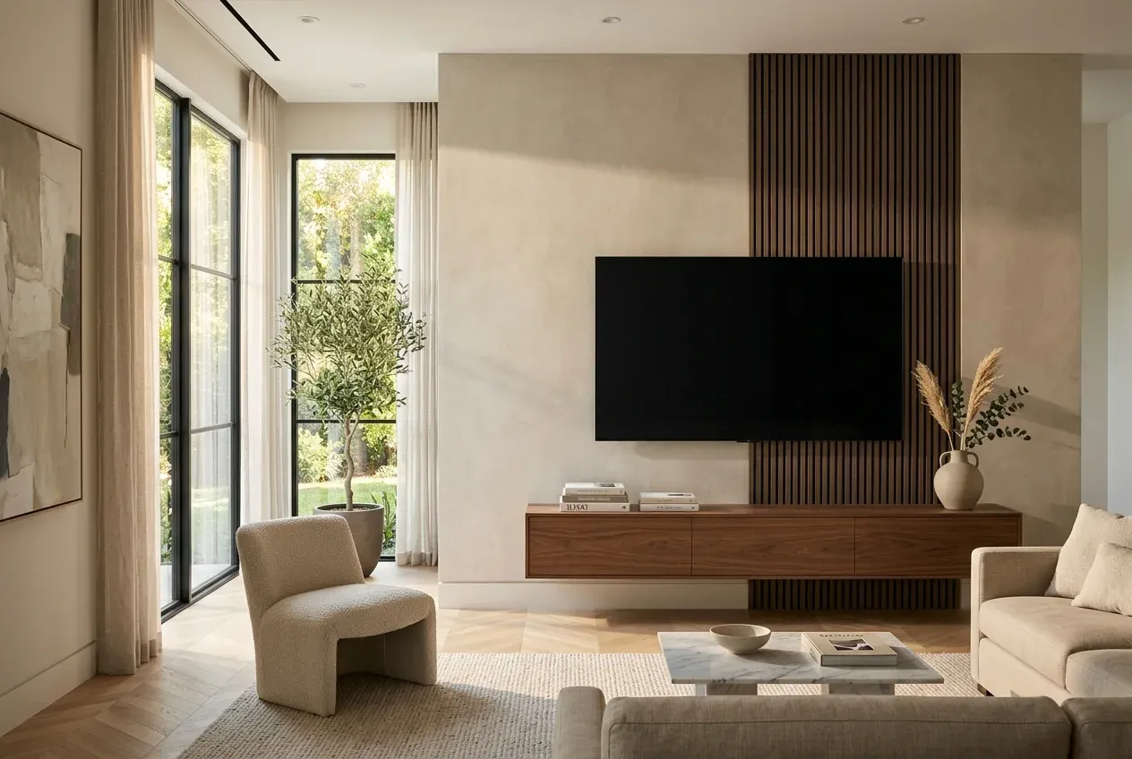 Luxury living room TV mounted with millimeter precision on wood slat wall