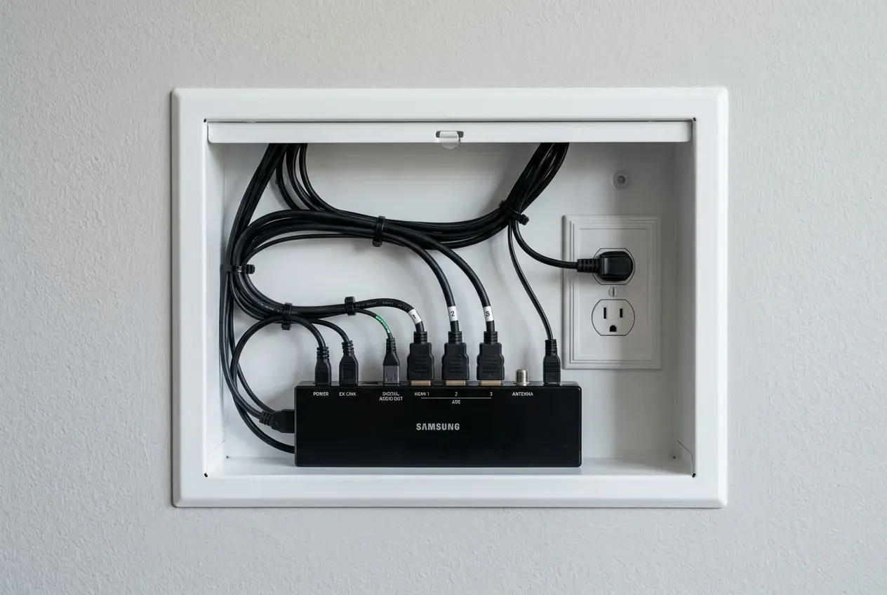 Recessed box installation for One Connect Box behind Frame TV