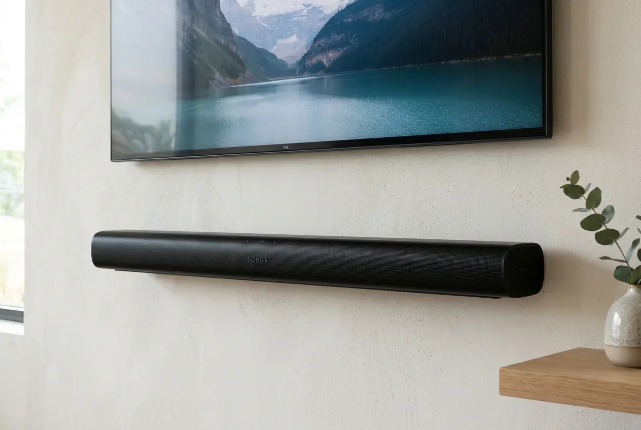 Clean wall-mounted TV with soundbar and hidden cables