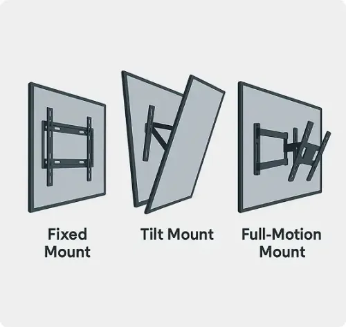 Diagram showing three TV wall mount types: fixed mount, tilt mount angled downward, and full-motion mount extended and swiveled.