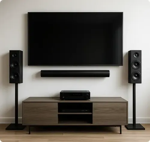 A flat-screen TV is mounted on a wall above a soundbar, with two floor-standing speakers and an audio receiver on a wooden media console below.