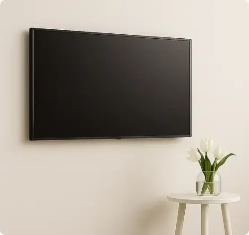 A wall-mounted flat-screen TV is above a small round side table with a glass vase holding white tulips, set against a beige wall.