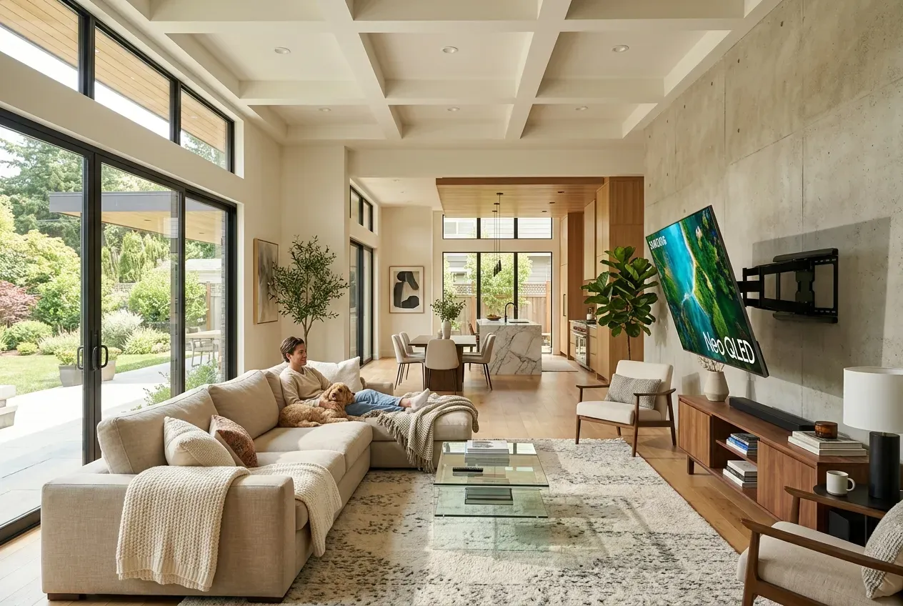 Full-motion TV swiveled at an angle toward seating area