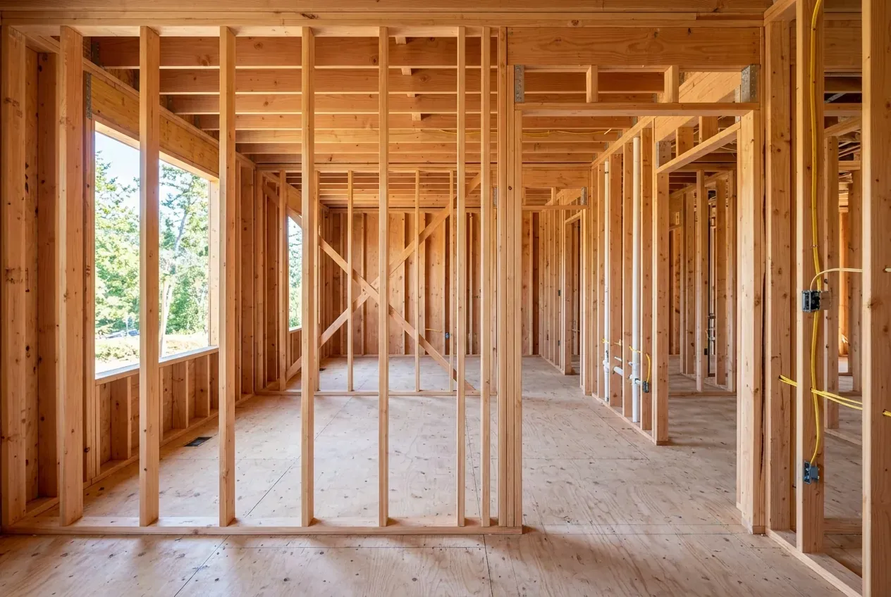 Wood stud wall framing drywall removed